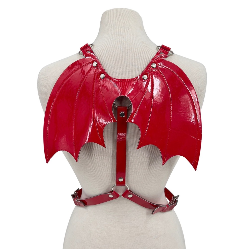 Red Patent Vinyl Demon Bat Wing Body Harness Devil Rave Festival Costume OS View 5